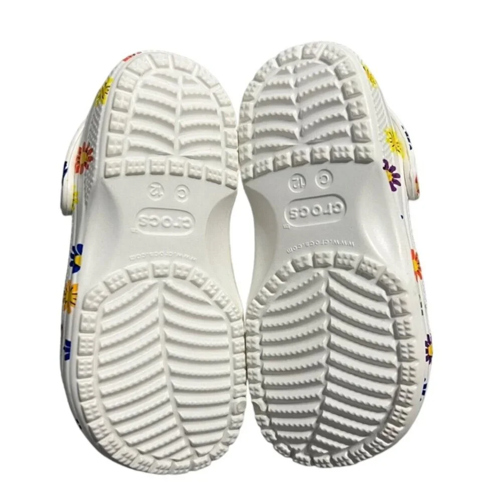 NEW Crocs C12 White Daisy Rainbow Clogs Sandals